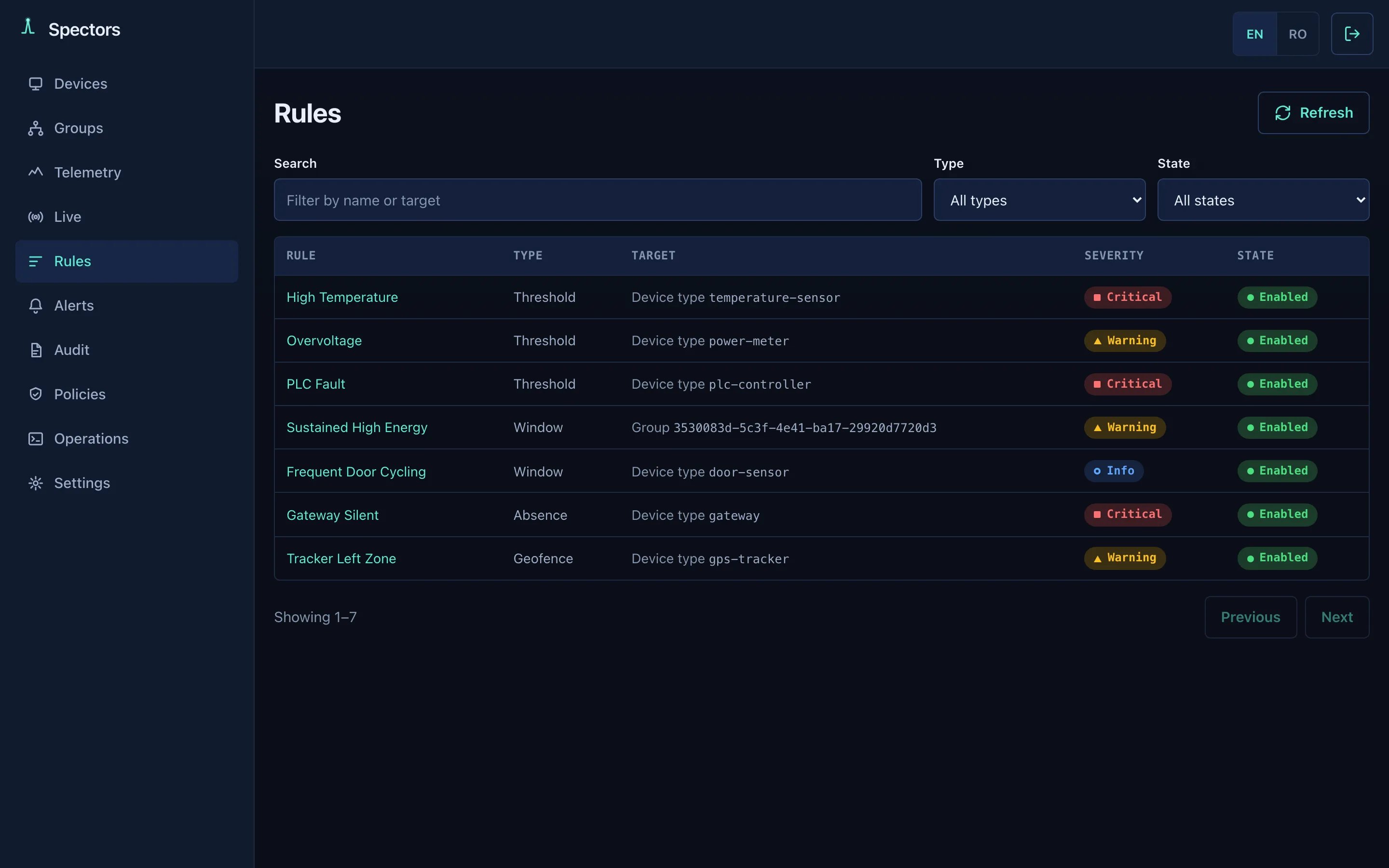 Spectors console — rules