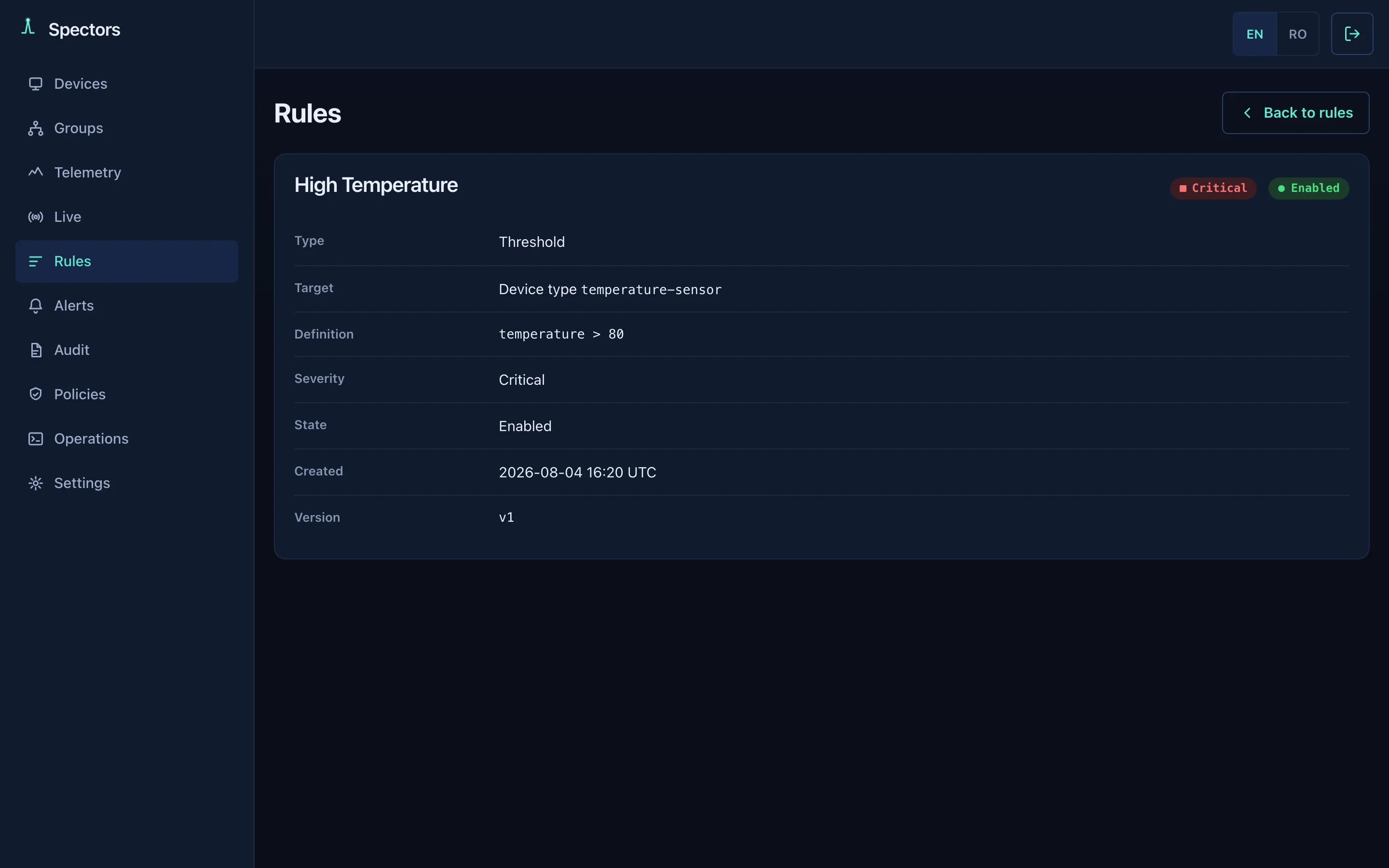 Spectors console — An in-process rule engine over lossless data.